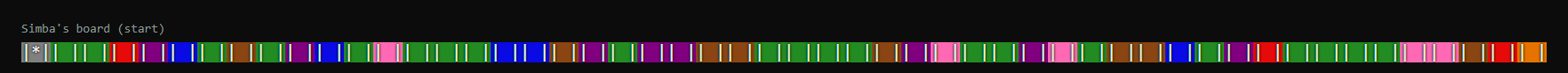 Real terminal render of Simba's board at the start: a grey start tile and a mix of green, blue, pink, brown, red, and purple tiles.