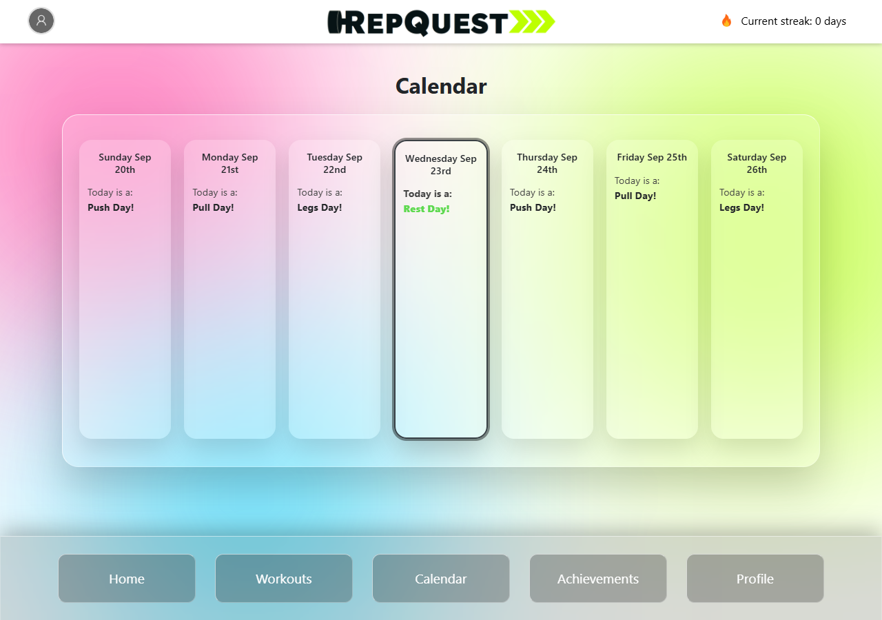 Screenshot of the live RepQuest calendar page, showing a seven-day week with each day's assigned workout type.