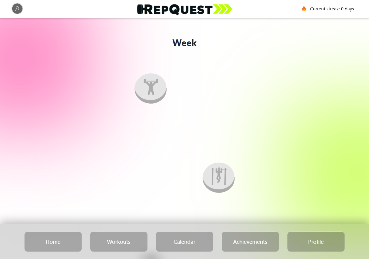 Screenshot of the live RepQuest home page, showing the same winding workout path with real level icons on a gradient background.