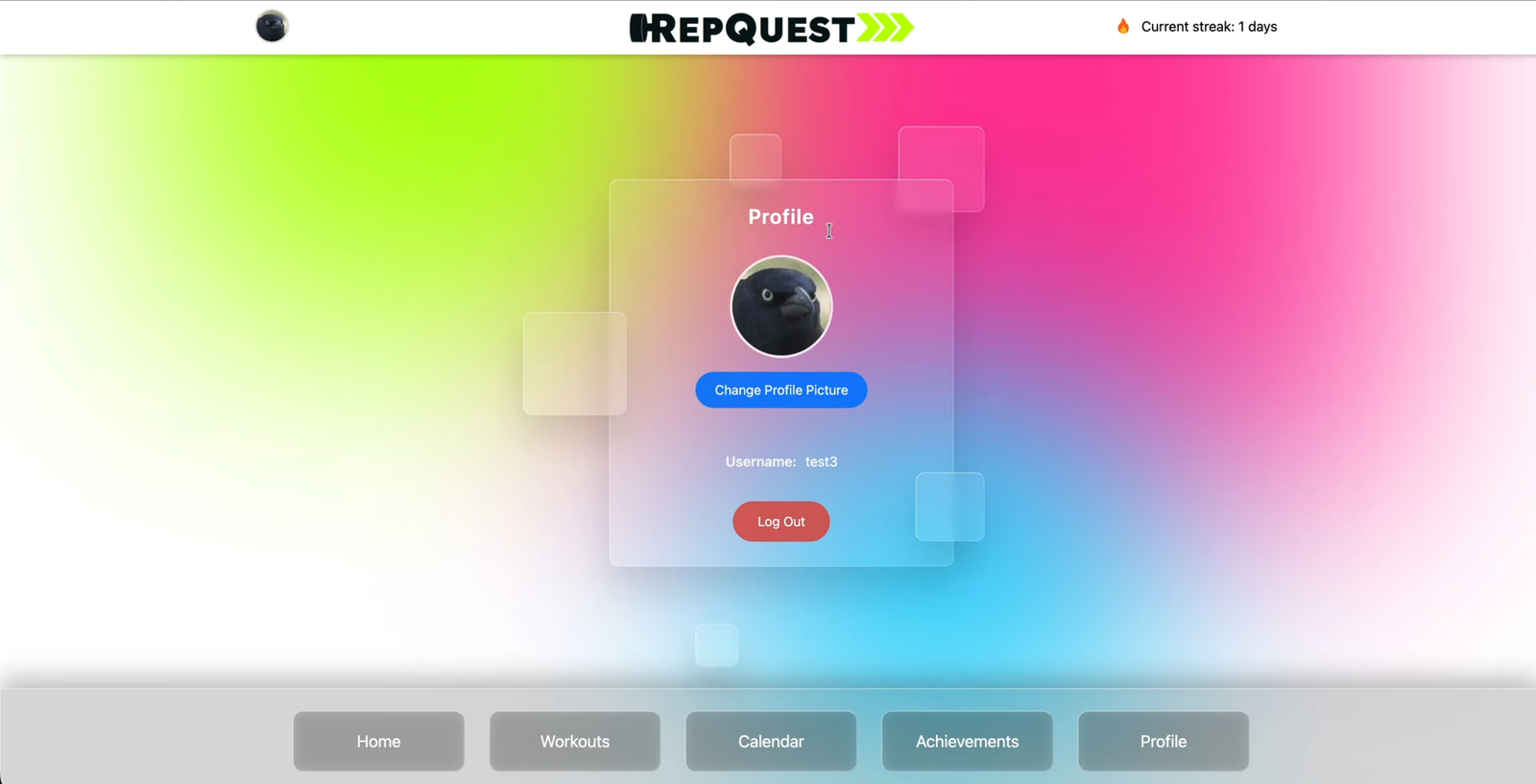 Screenshot of the live RepQuest profile page, with a profile picture, username, Change Profile Picture button, and Log Out button.
