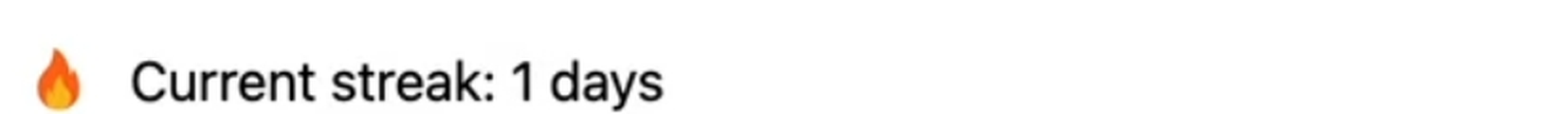 Screenshot of the live streak counter folded into the app header, reading a flame icon and 'Current streak: 1 days'.