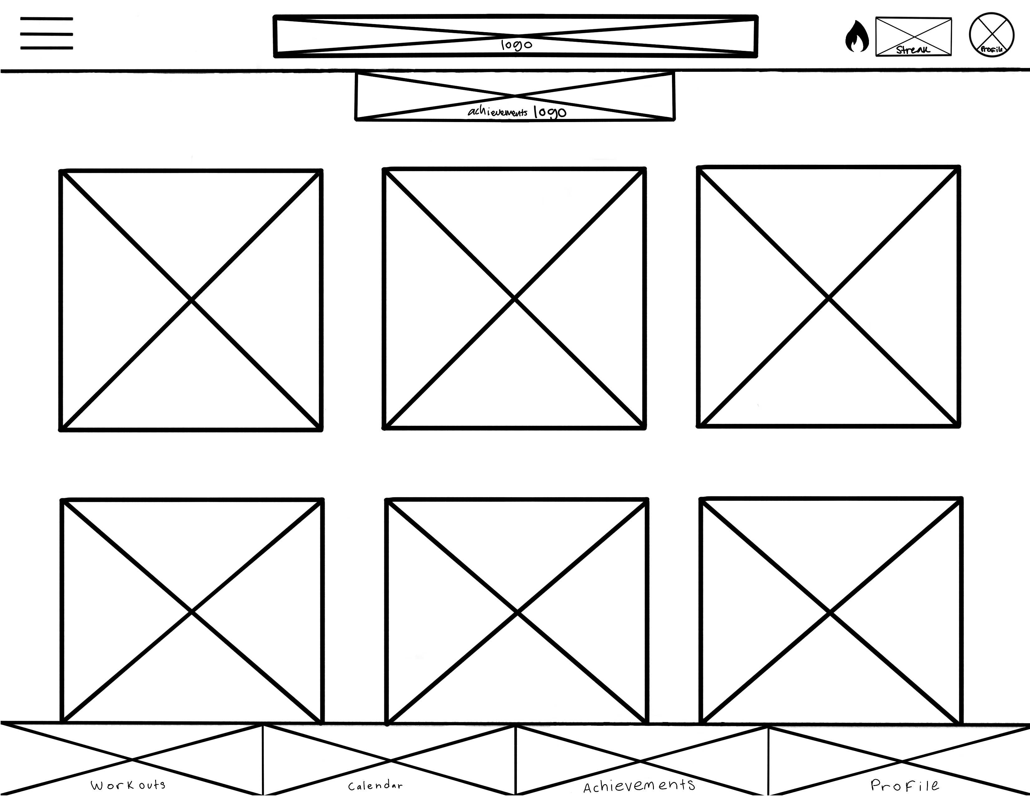 Hand-drawn wireframe of the RepQuest achievements page, a 3-by-2 grid of empty badge placeholders.