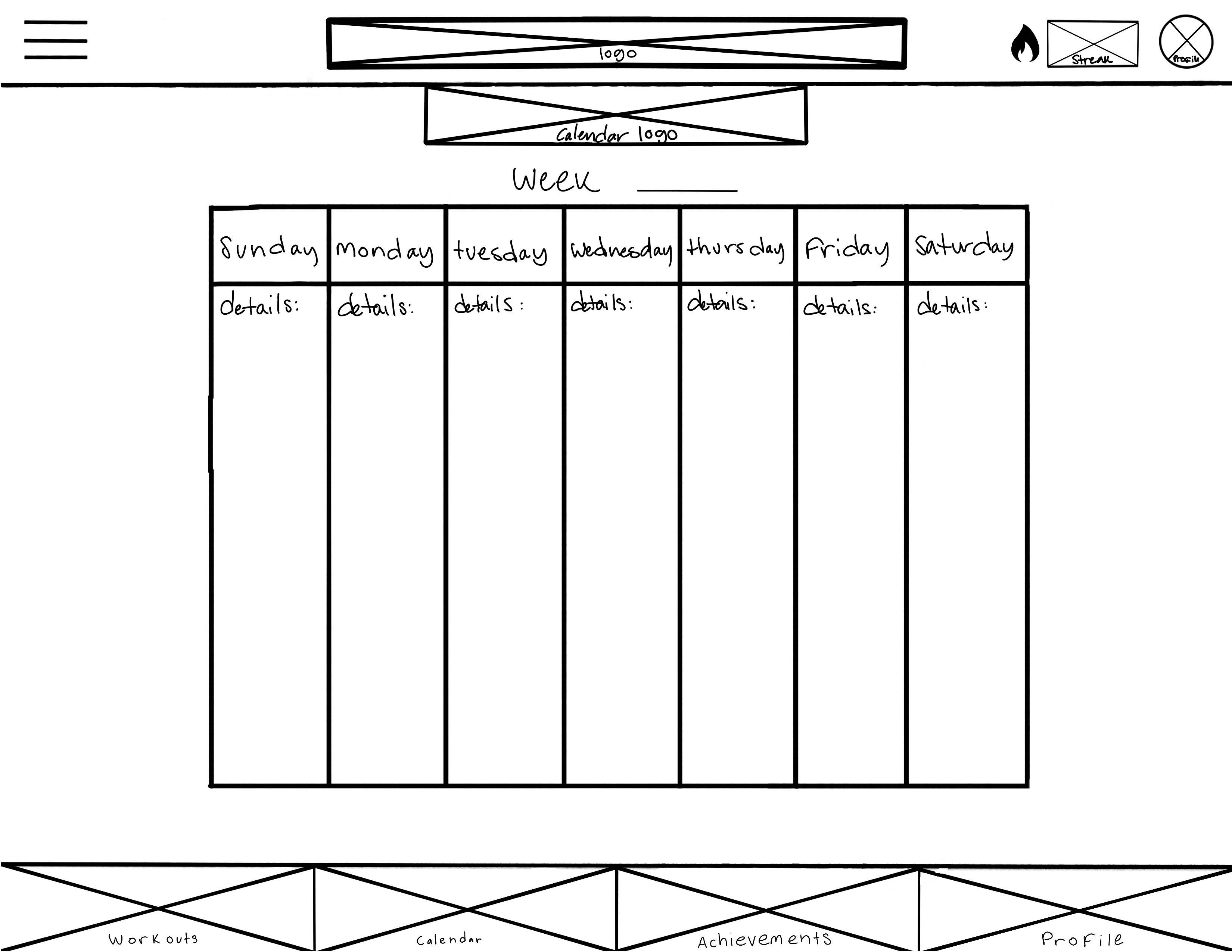 Hand-drawn wireframe of the RepQuest calendar page, a seven-day week grid with a details line under each day.