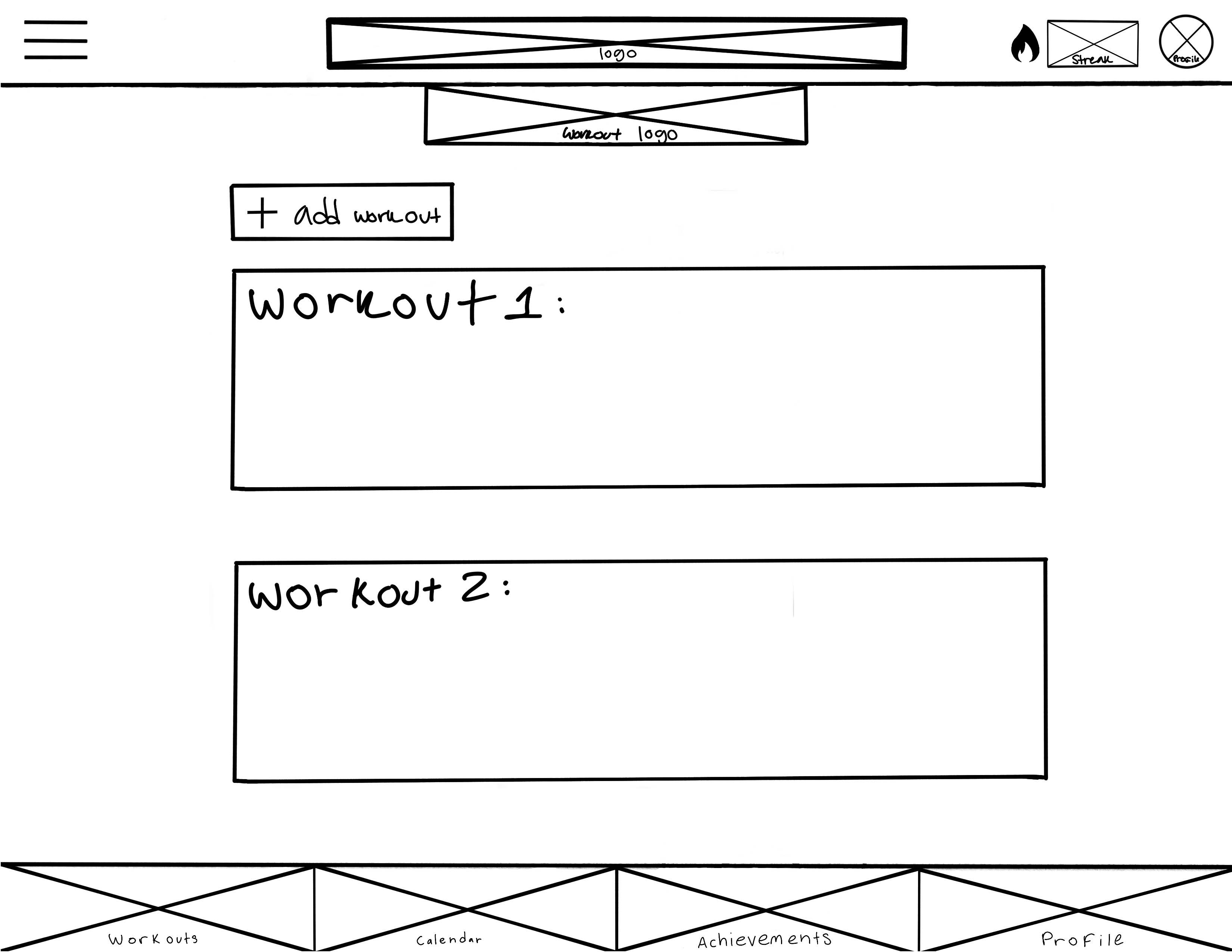 Hand-drawn wireframe of the RepQuest workouts page, listing Workout 1 and Workout 2 as empty boxes.