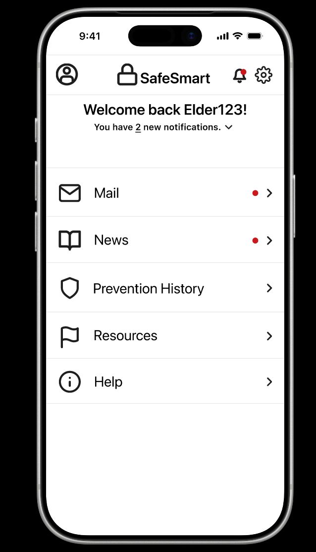 SafeSmart elder dashboard with Mail, News, Prevention History, Resources, and Help.