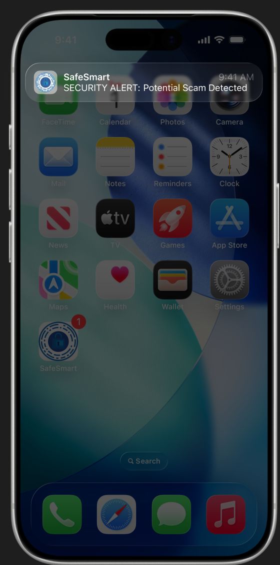 iPhone lock screen showing a SafeSmart push notification: SECURITY ALERT, potential scam detected.