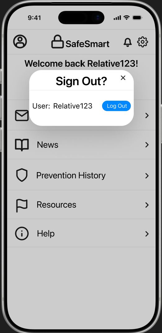 SafeSmart sign-out confirmation modal for the Relative123 account.