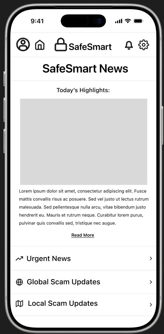 SafeSmart News screen styled like a digital newspaper.