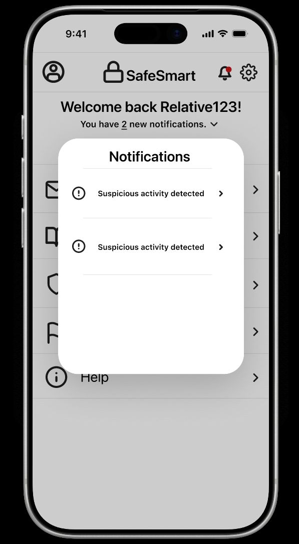 SafeSmart relative account notifications panel showing two suspicious-activity alerts.