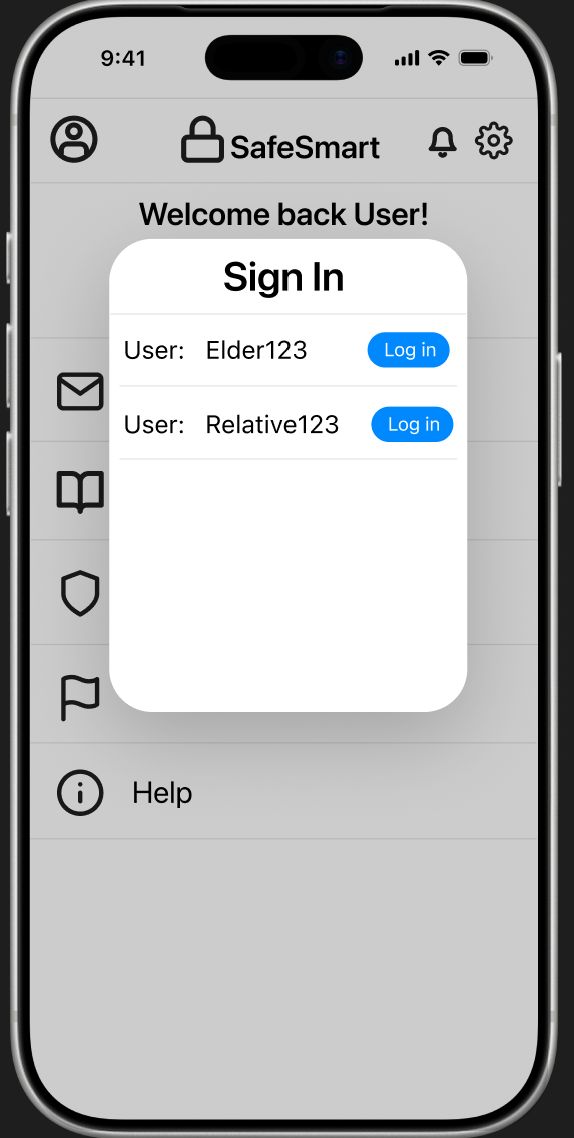 SafeSmart sign-in screen with Elder123 and Relative123 accounts.