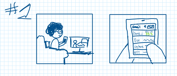 Storyboard panels: an elderly woman named Joane reading an urgent email from a bank asking for money.