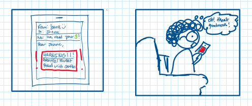 Storyboard panels: SafeSmart flags the bank email as a potential scam with a warning, and Joane reacts with relief.